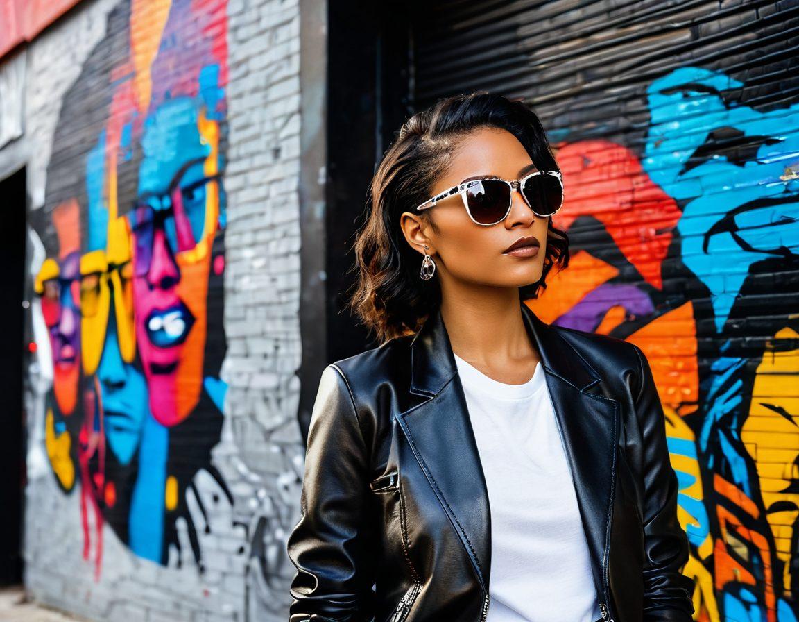 A fashionable person wearing trendy Cazal eyewear, with a backdrop of a stylish urban environment filled with street art. The scene showcases vibrant colors and dynamic poses that emphasize style and confidence. Surrounding them are various Cazal eyewear designs displayed in a creative arrangement. A mix of sunlight and urban nightlife lighting enhances the atmosphere. super-realistic. vibrant colors. urban chic.