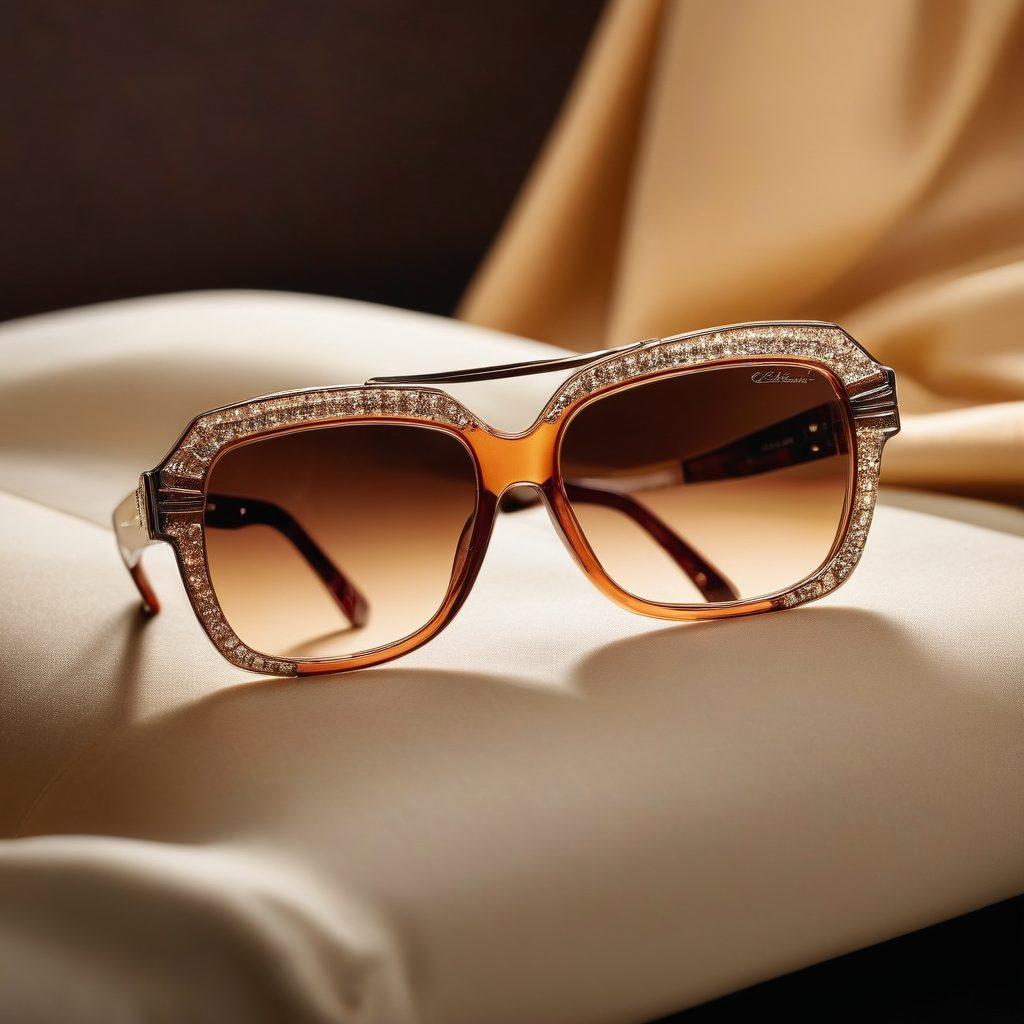 A close-up shot of a pair of dazzling Cazal luxury frames displayed elegantly on a soft velvet cushion, highlighting their intricate design and bold colors. Surround the frames with subtle lighting that creates a glamorous atmosphere, showcasing the reflection of a chic urban skyline in the lenses. Include stylish accessories like a luxury watch and a silk scarf to accentuate the theme of elegance. high fashion photography. soft focus. glamorous lighting.